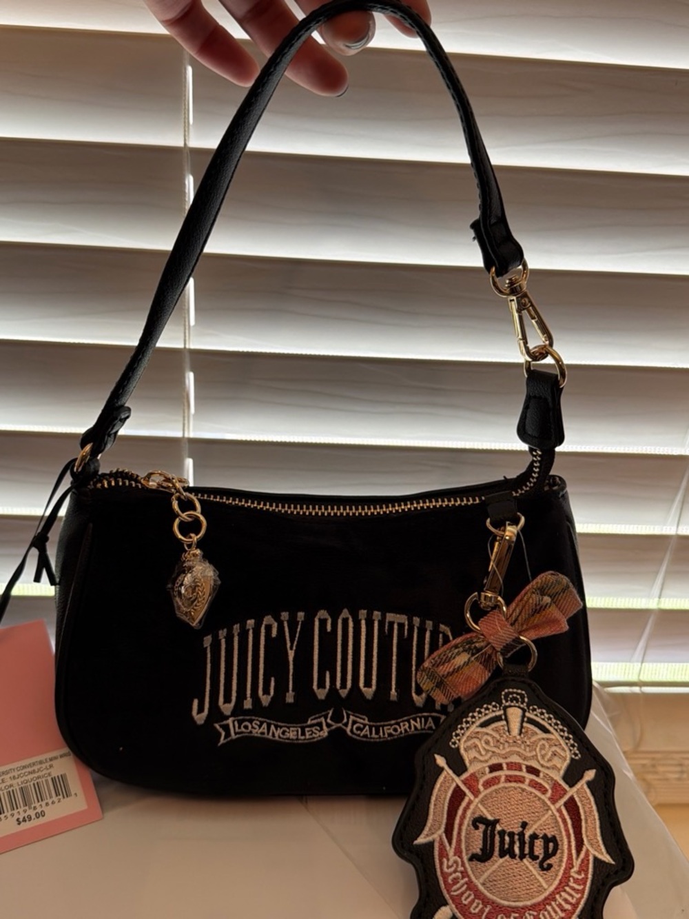 Juicy Couture Black Velvet Shoulder Bag with Logo Patch and Charms